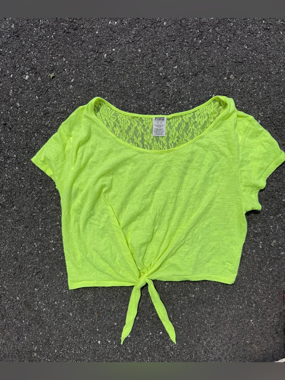 PINK Victoria's Secret Neon Lime Lace-Back Tie-Front Crop Tee